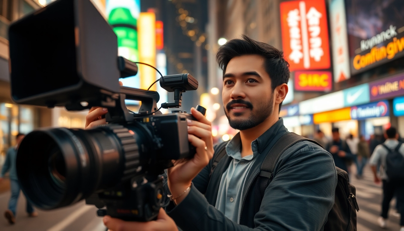 Film Maker capturing footage in a bustling cityscape, showcasing creativity and energy.