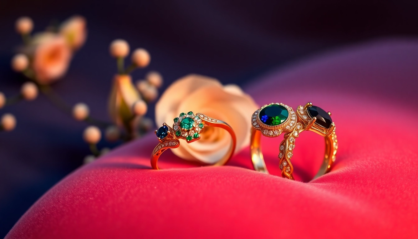 Couple rings elegantly showcased with intricate designs and gemstones for a romantic touch.