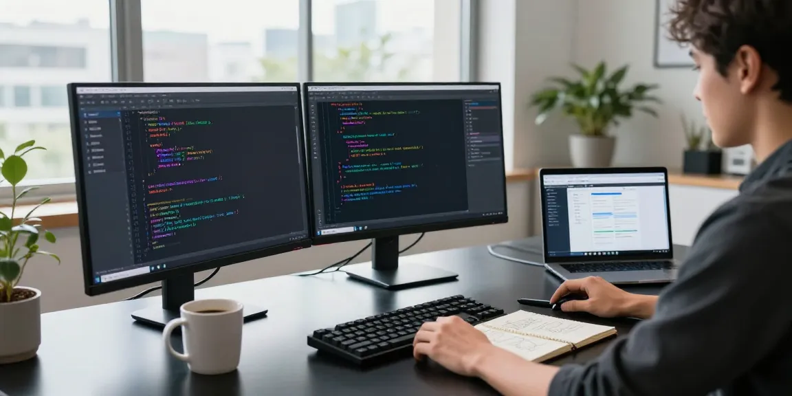 Developer coding in Notepad++ at a modern desk with dual monitors.