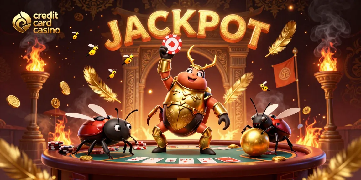 Engage in thrilling gameplay at a vibrant credit card casino with beetles celebrating a jackpot.