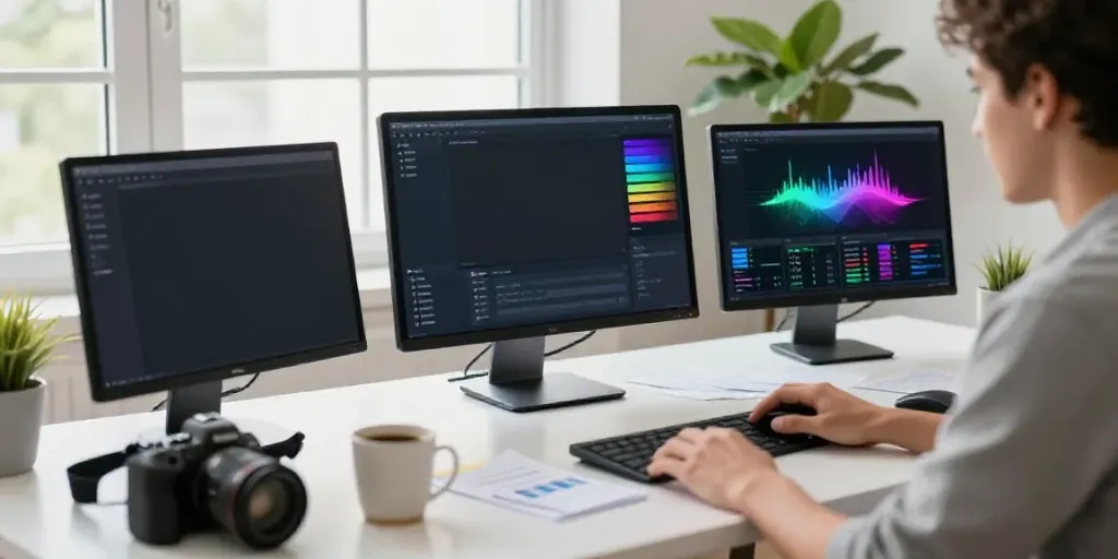 Engaging workspace illustrating RSS based content generation process with multiple monitors and vibrant atmosphere.