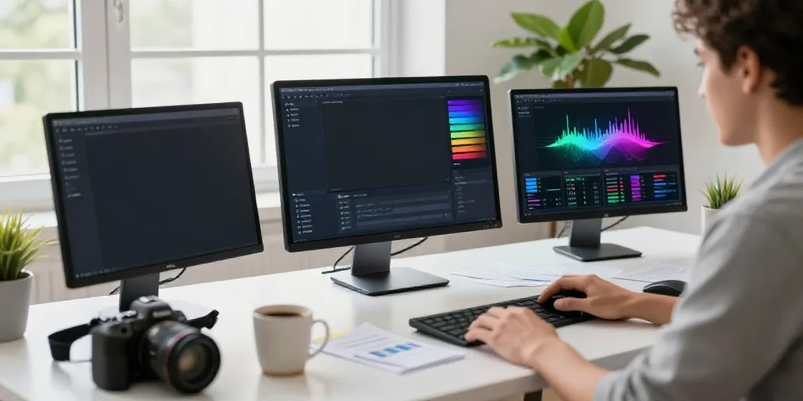 Engaging workspace illustrating RSS based content generation process with multiple monitors and vibrant atmosphere.