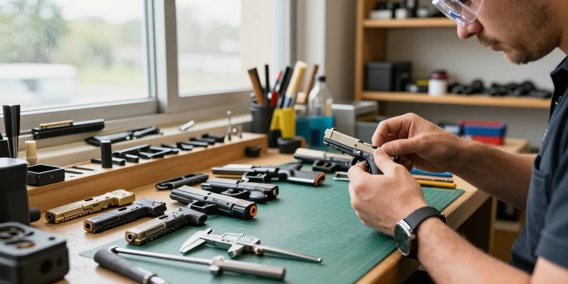 Gunsmith at work on Glock slides at https://precisionglockslides.com, showcasing precision craftsmanship and bespoke designs.
