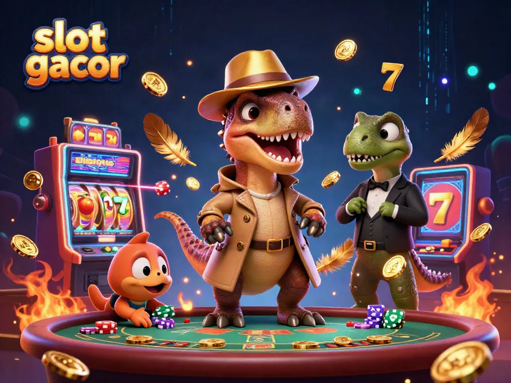 Ilustrasi 3D slot gacor yang menunjukkan karakter dinosaurus di meja blackjack dengan efek atmosfer jamur api.