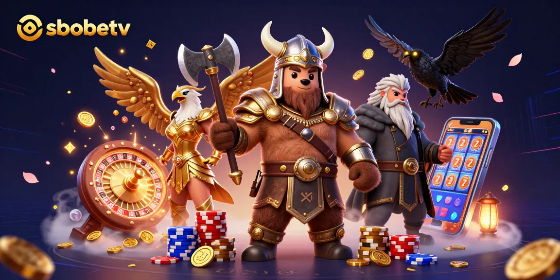 Engage with sbobetv in dynamic gaming scenes including Viking warrior and eagle amidst golden coins.