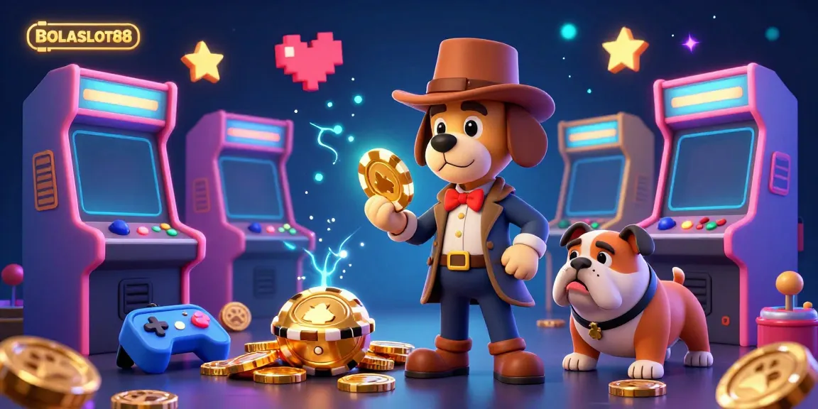 BOLASLOT88 showcases a detective bloodhound with a poker chip clue and arcade game elements.