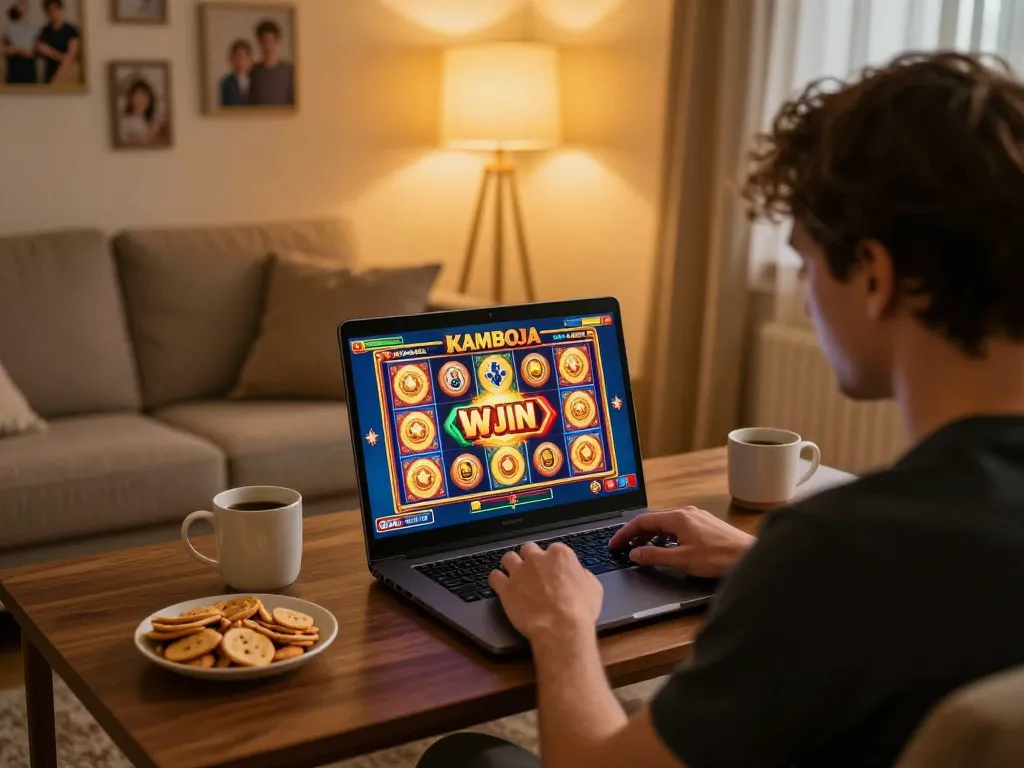 Kamboja slot game displayed on laptop during an exciting online gaming session at home