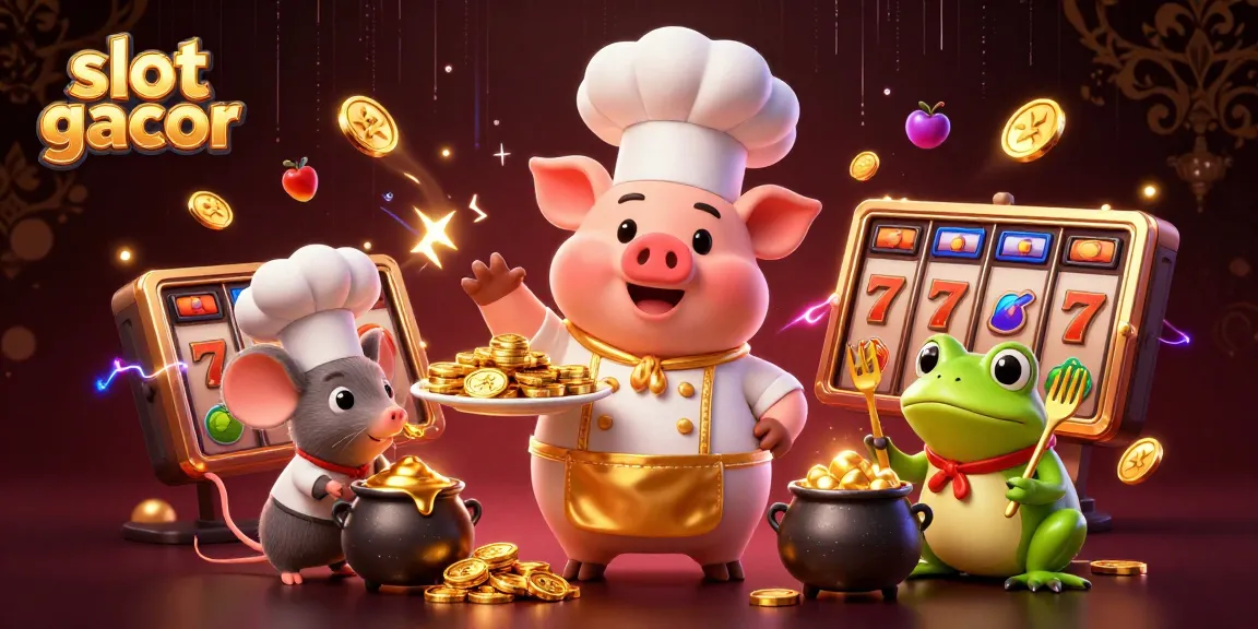Experience thrilling gameplay with slot gacor as a chef pig serves gold coins in a lively casino scene