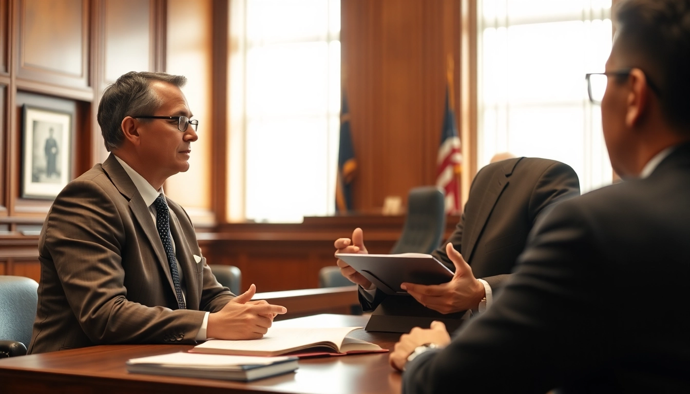 Clearwater truck accident attorney consulting a client in a courtroom, showcasing dedication and professionalism.