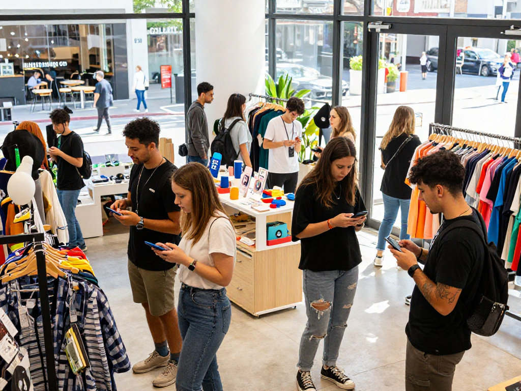 rokok88 trendy urban shopping experience with diverse group exploring pop-up shops