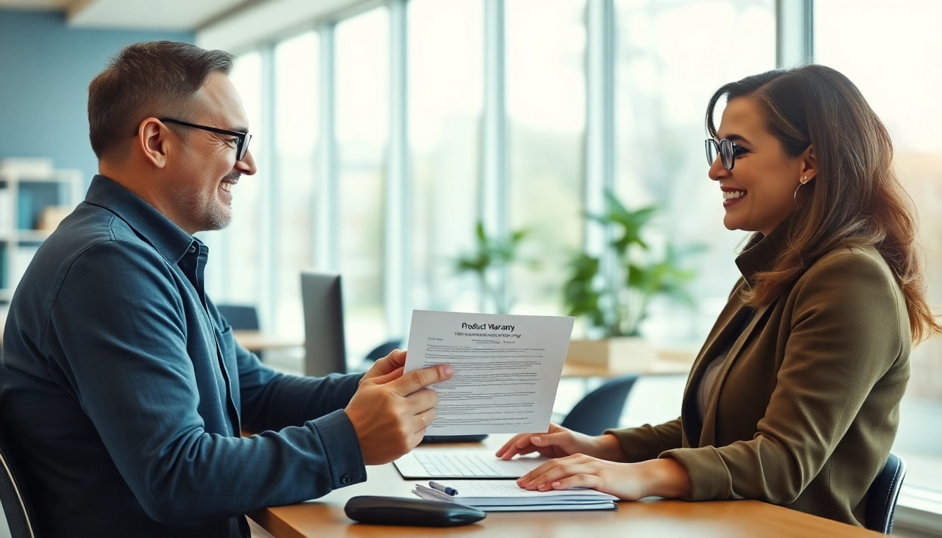 Visualizing no hassle warranty claims with a friendly representative assisting a customer in a bright office.