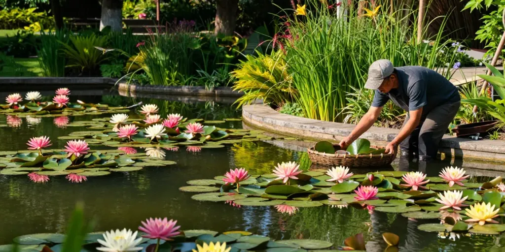 Buy Water Lilies highlighted in a scenic garden pond filled with colorful blooms and lush greenery.