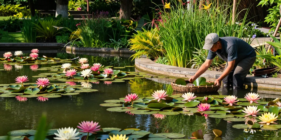 Buy Water Lilies highlighted in a scenic garden pond filled with colorful blooms and lush greenery.