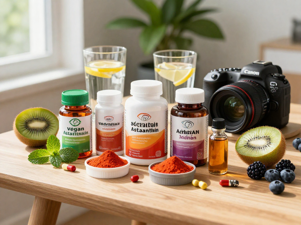Vegan astaxanthin products elegantly presented with fresh fruit and mint, showcasing health and vitality.