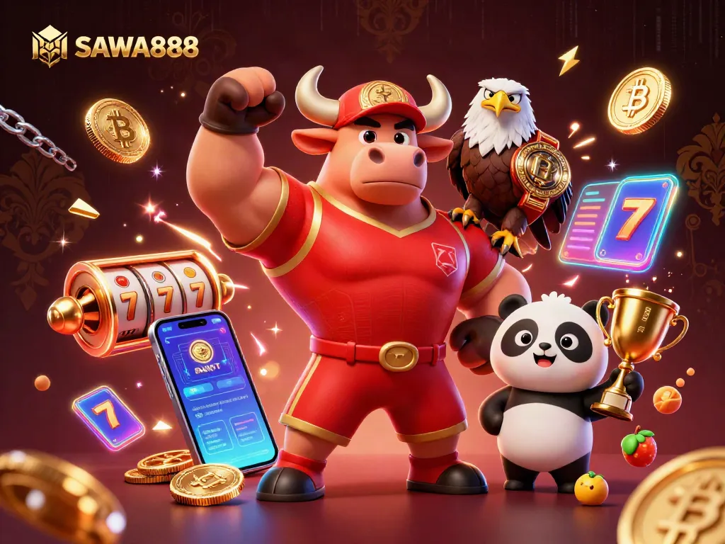 Experience thrilling gaming with SAWA888 as the bull mascot celebrates victory surrounded by vibrant slot elements.
