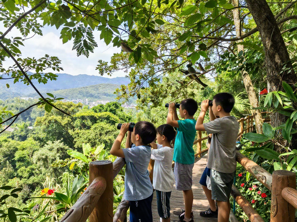 Treetop Walkway with family exploring the forest canopy, children using binoculars
