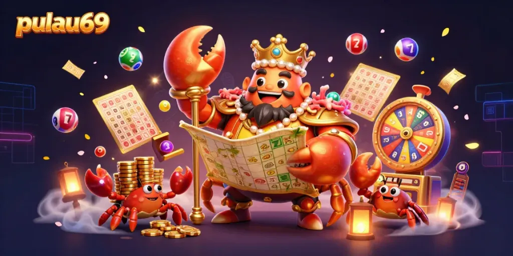 Experience pulau69 with vibrant gaming elements in a dynamic casino scene featuring a golden crab emperor.