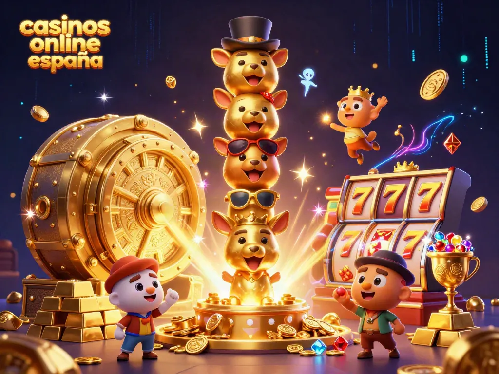 Juega en casinos online en España con un vibrante tótem y tesoros en un entorno de casino animado.