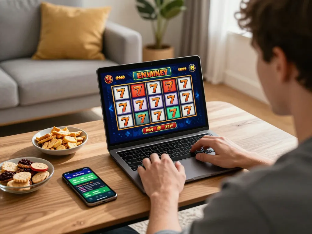 Player enjoying slot 777 game on a laptop in a cozy living room, showcasing engaging gameplay experience.