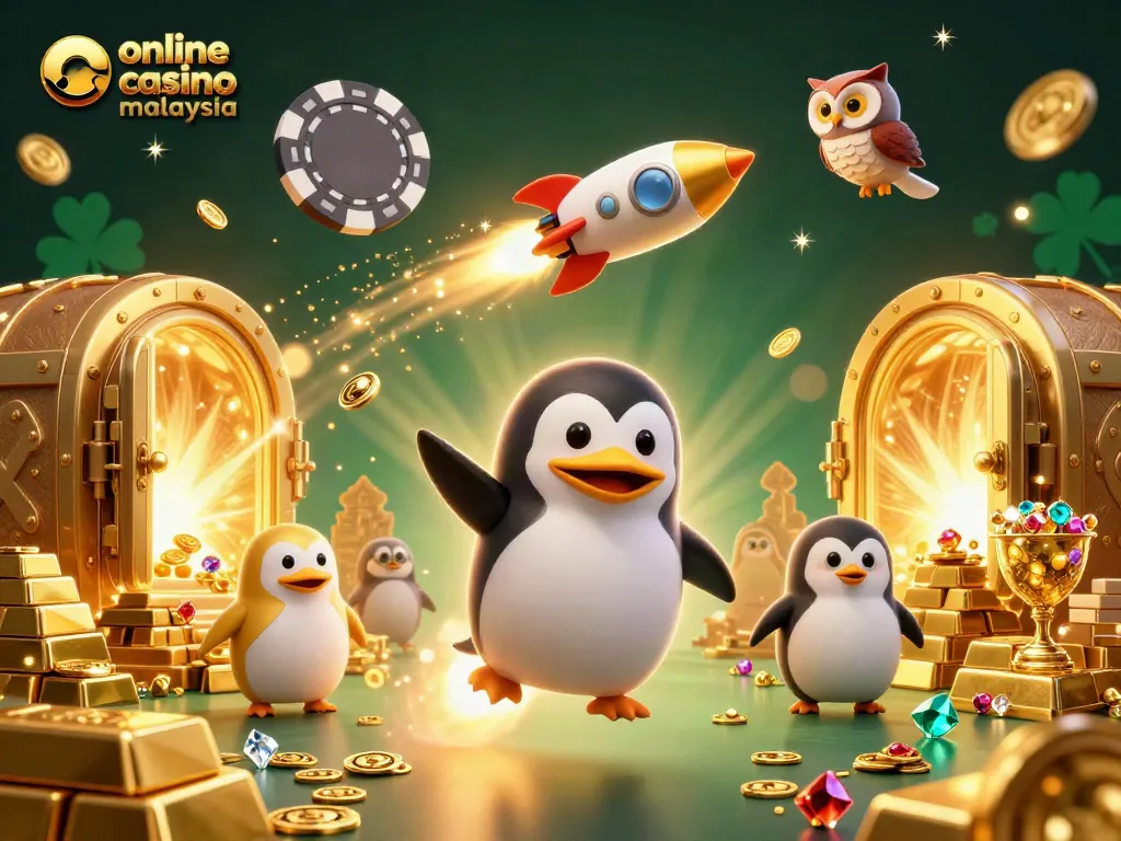 Engage with the vibrant world of online casino malaysia featuring a golden penguin and casino treasures.