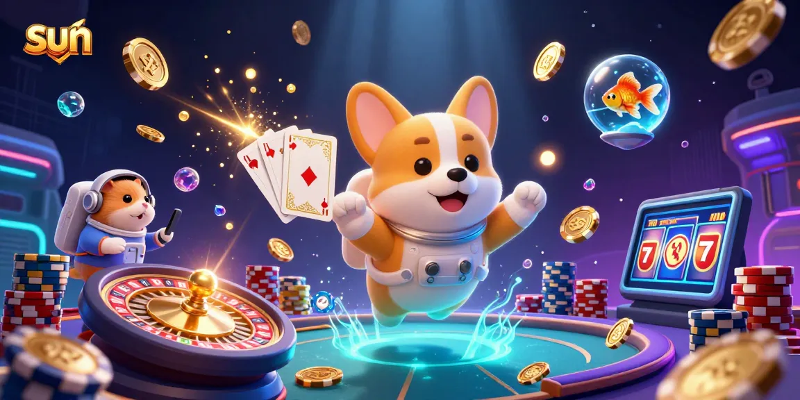 Engage with the sun-themed 3D casino scene showcasing games and fun dynamics.