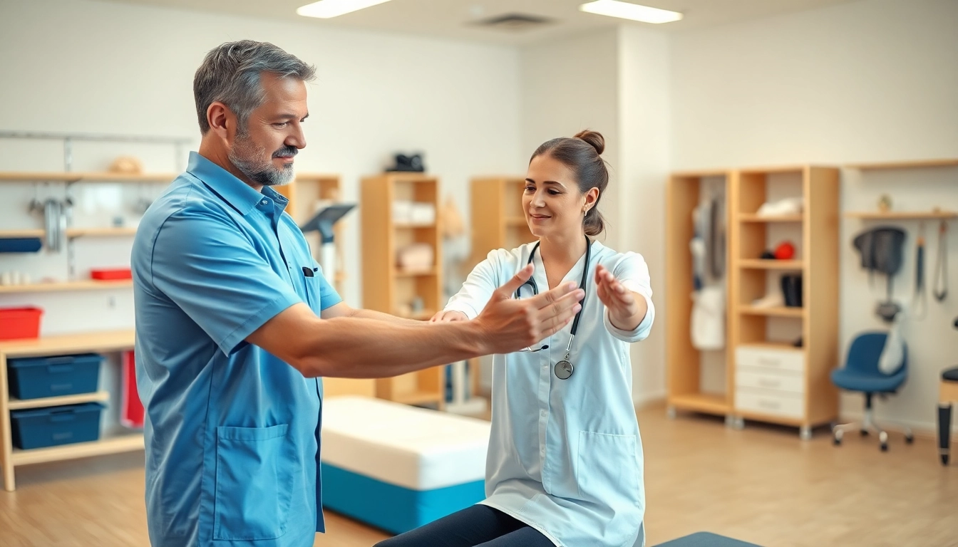 Physiotherapy near me: A professional physiotherapist helping a patient in a bright clinic.