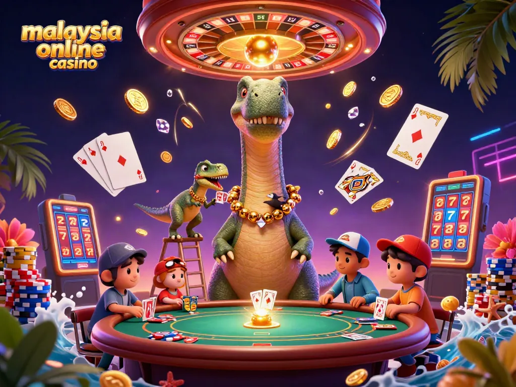 Experience the vibrant thrills of a malaysia online casino with a captivating dinosaur-themed scene full of games.