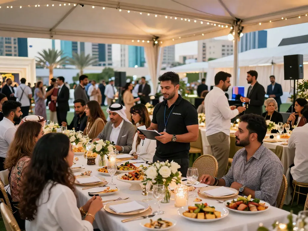 Event rentals setup at a gala in Riyadh showcasing luxurious tables and decorations