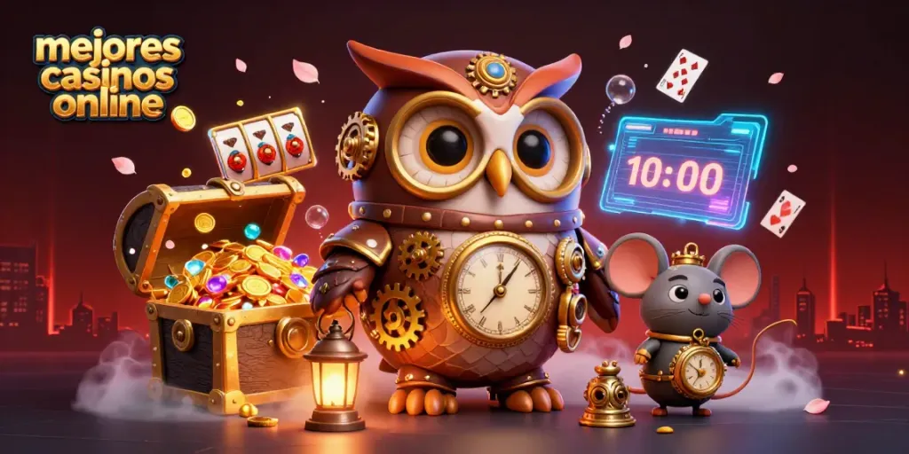 Visualización emocionante de mejores casinos online, con elementos de tragamonedas y un búho viajero en un fondo de casino.
