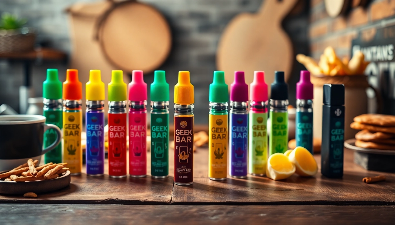 Showcase of vibrant geek bar flavors in colorful vape pens on a wooden table.