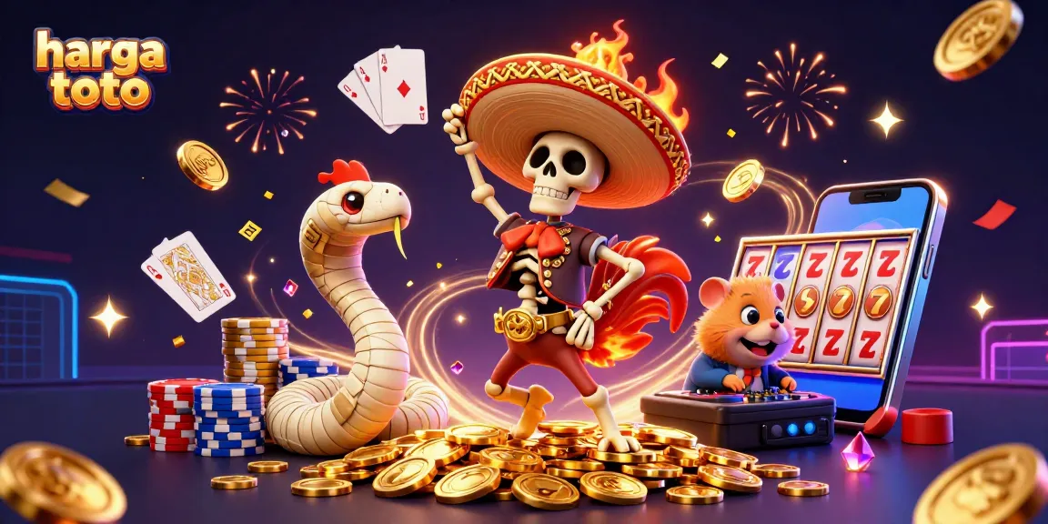 Experience the excitement of harga toto with a vibrant 3D casino celebration featuring animated characters and gambling elements.