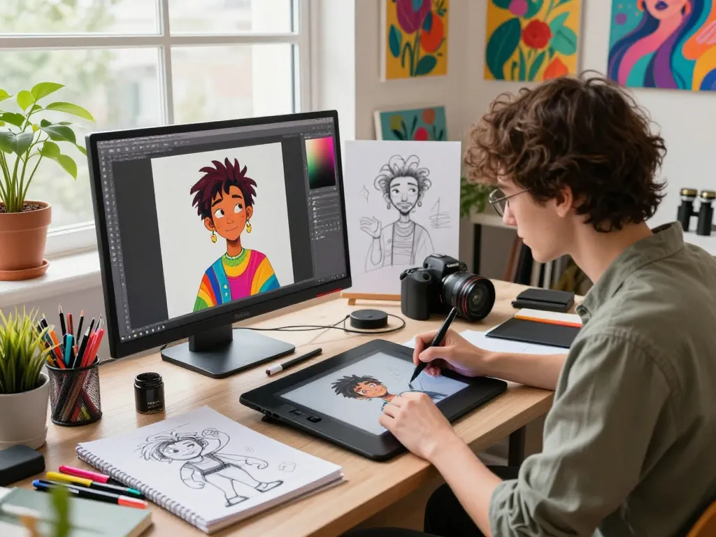 Creative artist generating NSFW AI visuals in a vibrant digital art studio, showcasing diverse character designs.