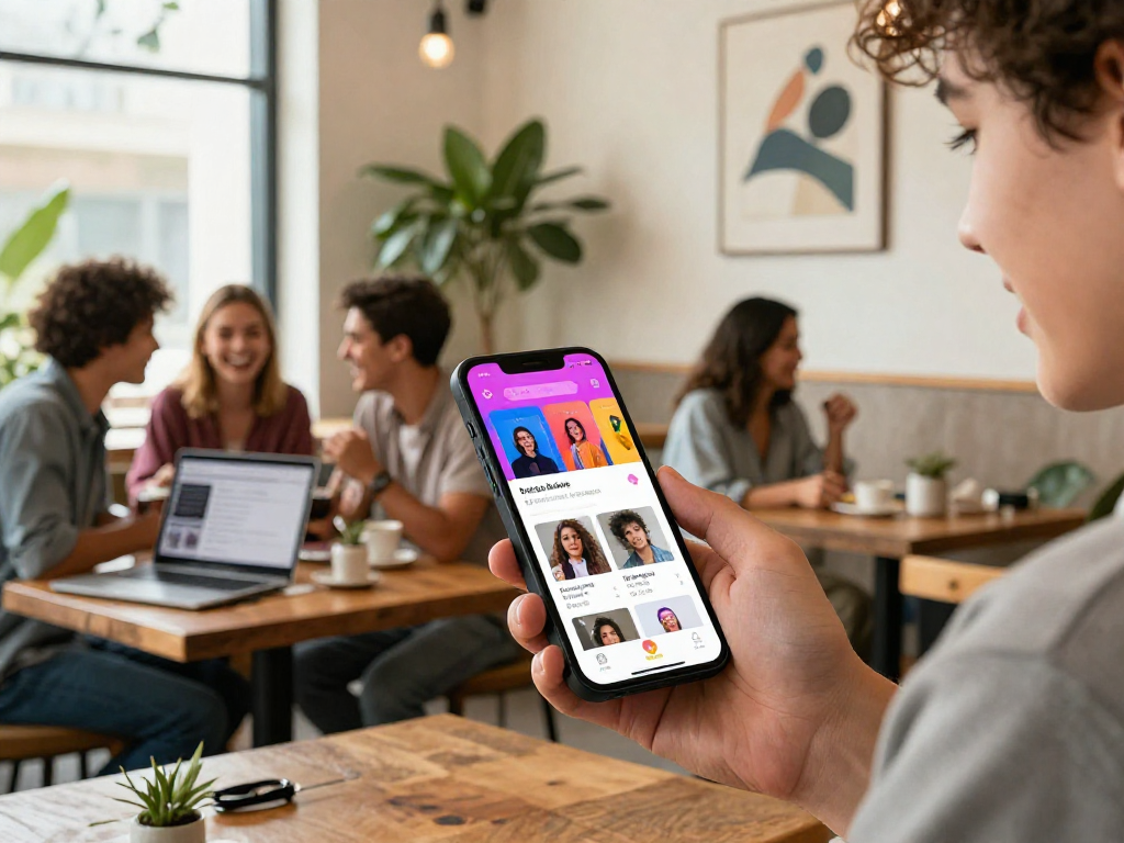 Young person exploring crush on dating app in a cozy café with friends.