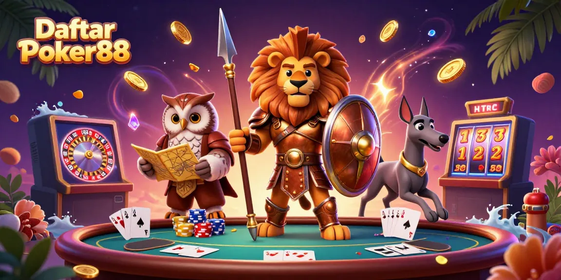Engage with Daftar Poker88 featuring a heroic lion and vibrant casino elements.