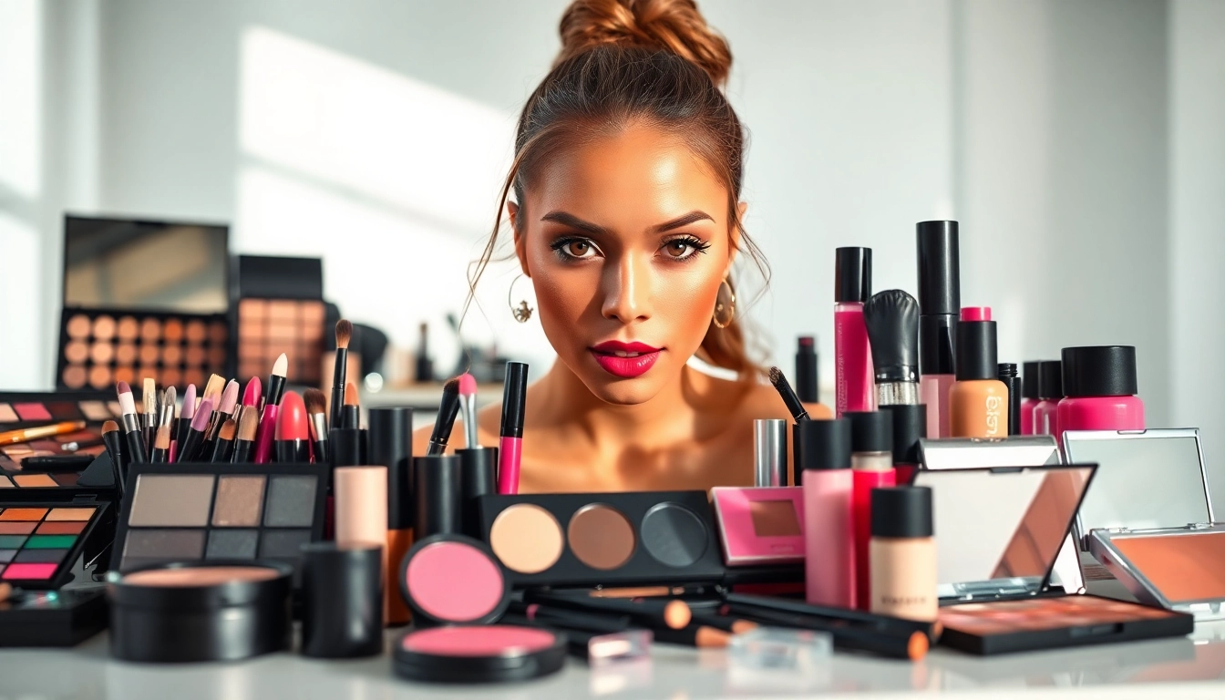 Explore makeup wholesale offerings with a vibrant display of cosmetics and tools.