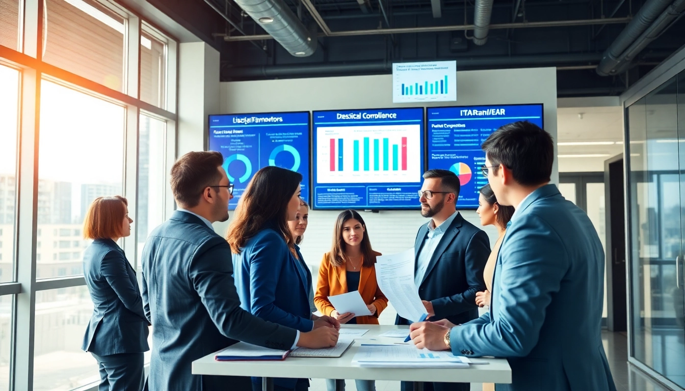 Consultants discussing FCPA/DCAA/Flowdown/ITAR/EAR compliance strategies with digital screens.