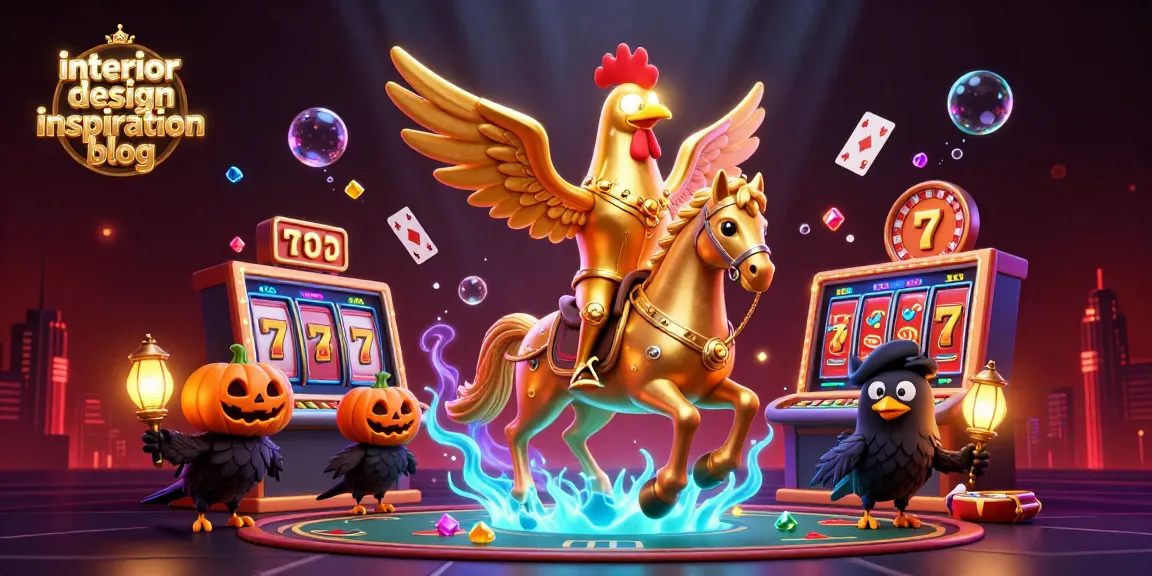 Engaging scene from an interior design inspiration blog, featuring a golden rooster in a midnight casino.