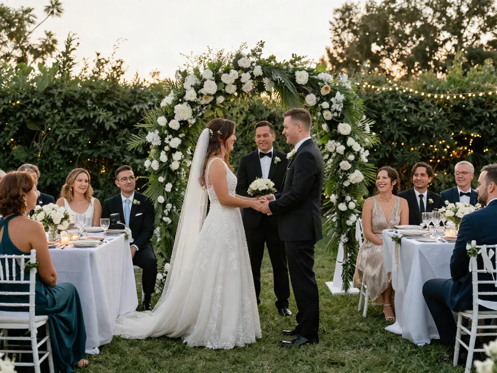 Event rentals for a romantic outdoor wedding, featuring a floral arch and elegant decor.