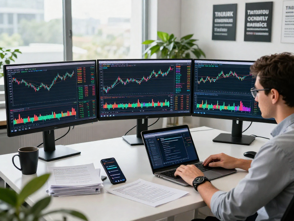 Trader using TradingView to analyze multiple charts in a modern office environment.