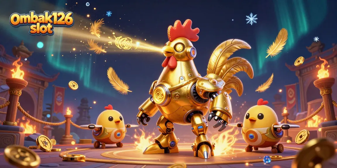 Engage with ombak126 slot in an ultra-detailed 3D scene featuring a futuristic rooster robot and baby chick drones.