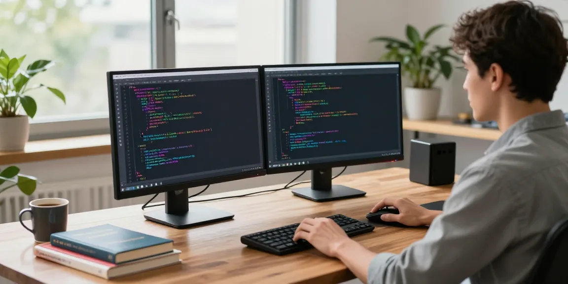 Software developer using Notepad++ in a modern workspace at https://notepad-app.co/ with colorful syntax highlighting.