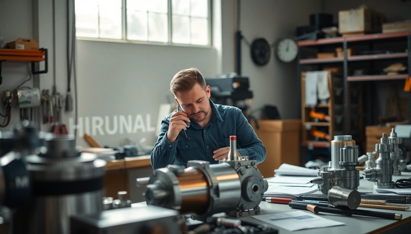 Engineer inspecting custom hydraulic equipment components in a bright workshop.