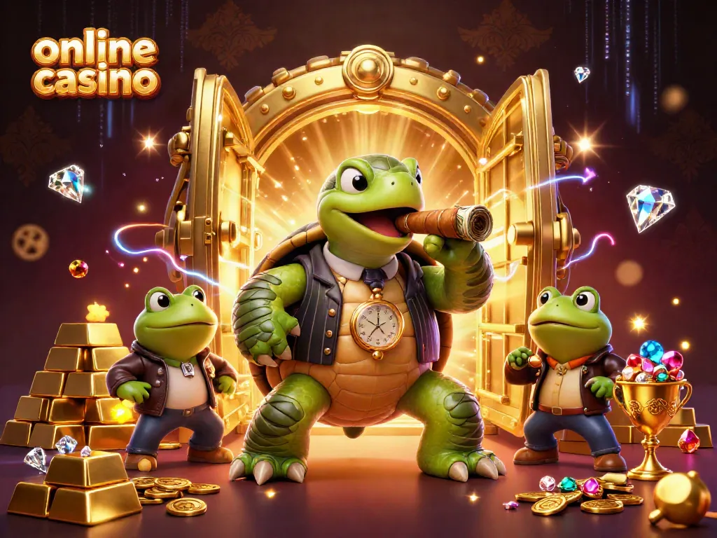 Juega en un casino online con una tortuga de cartel y ranas como matones en un ambiente vibrante.
