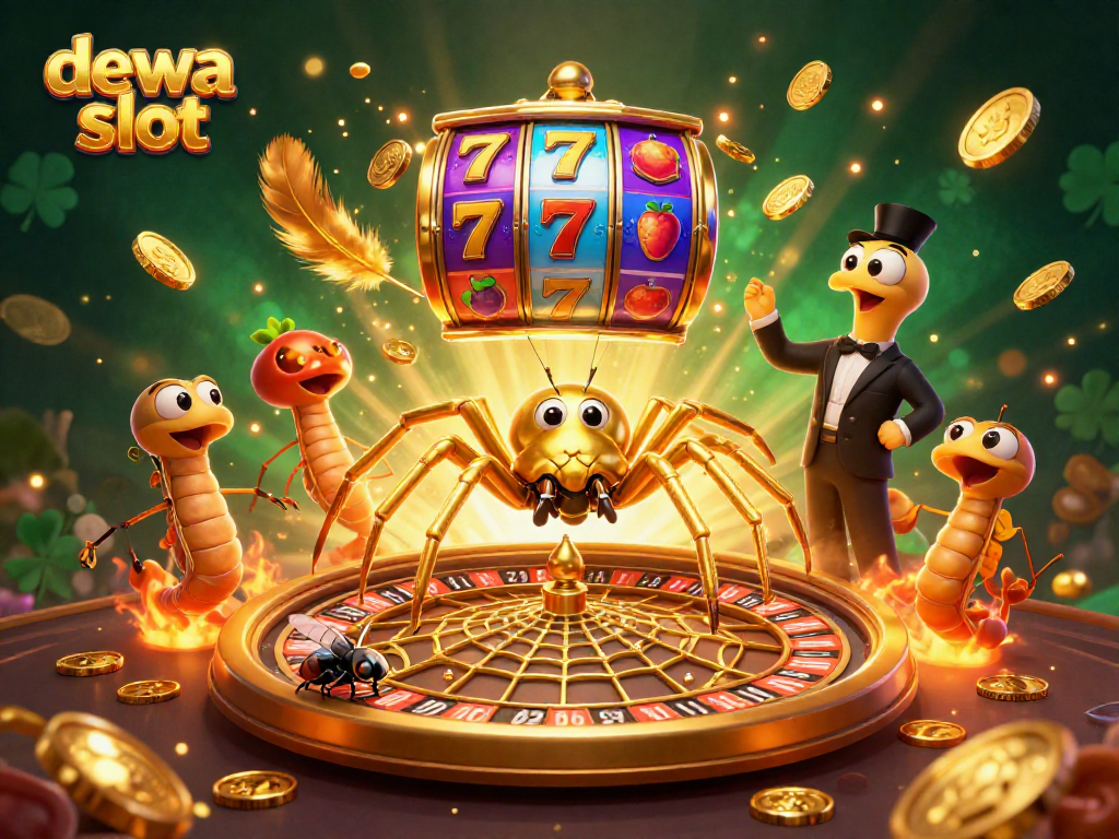 Menang di dewa slot dengan ilustrasi kasino yang menampilkan laba-laba emas dan berbagai simbol keberuntungan.