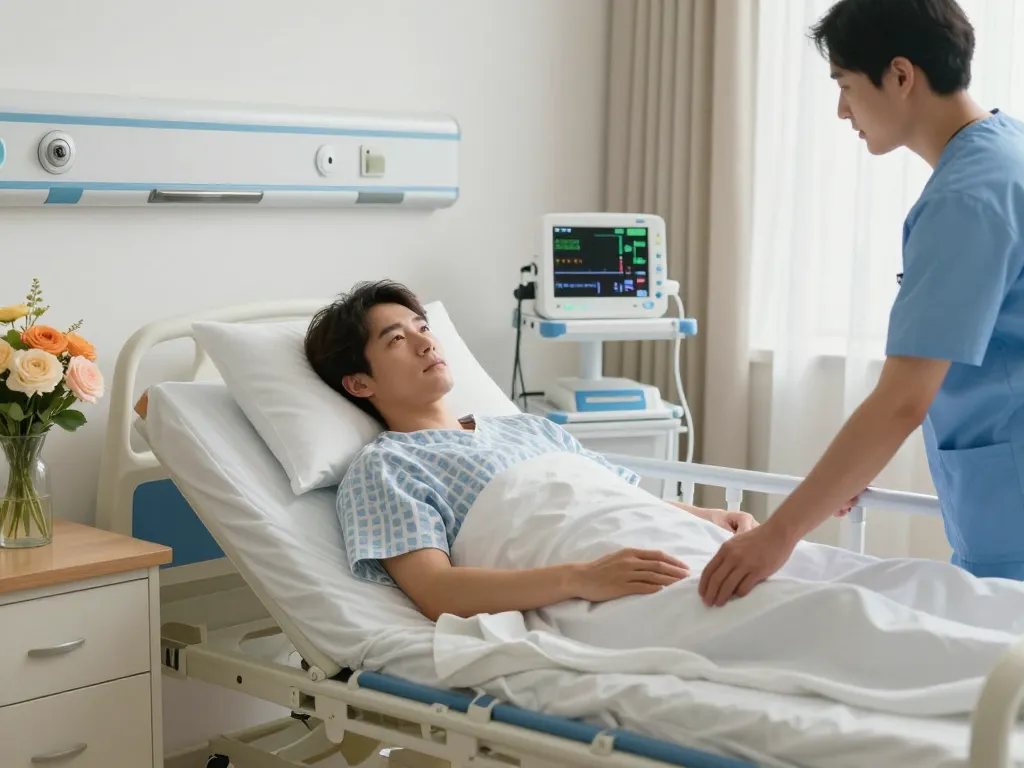 Patient on a giường bệnh nhân in a serene hospital setting with caregiver assisting.