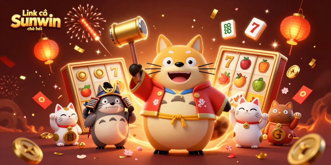 Play at Link vào Sunwin chính thức featuring festive characters celebrating with vibrant casino elements.