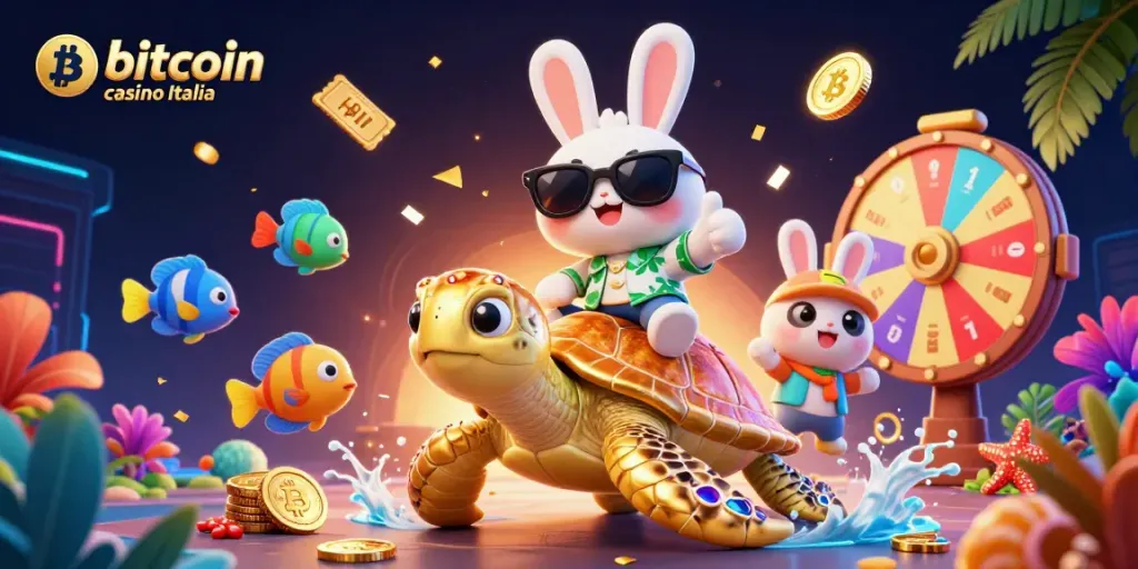 Crea divertenti avventure con il bitcoin casino Italia grazie a un coniglietto fortunato e una tartaruga dorata, circondati da giochi e monete.
