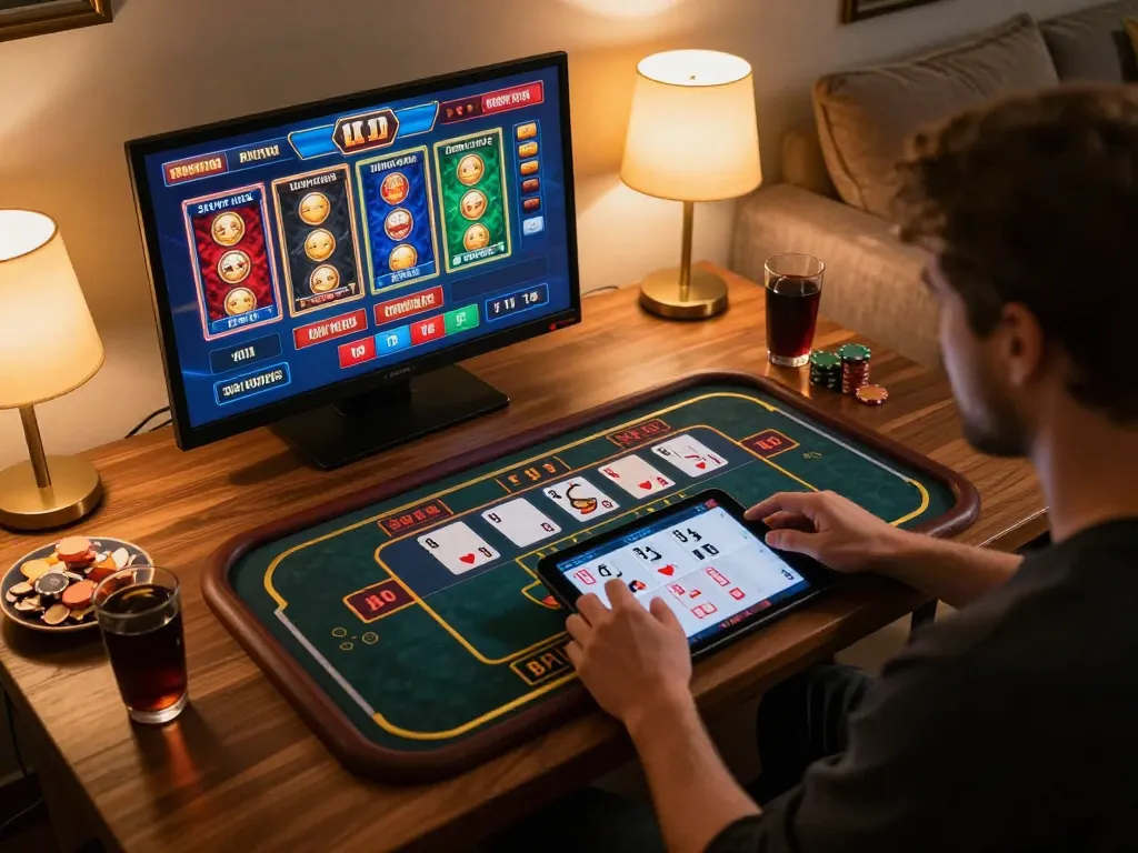 Engaging in LV88 bet gameplay, a player analyzes strategies for online casino success in a cozy home setting.