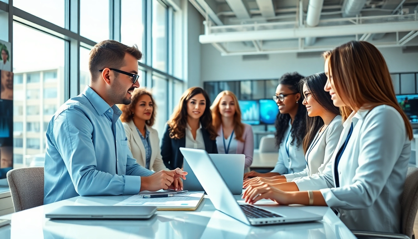 Discover managed it services near me within a vibrant workplace, showing a team collaborating effectively.