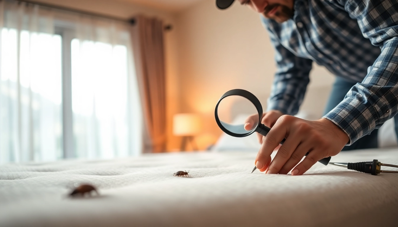 Engaging image of expert bed bug services near me focusing on inspection in a clean bedroom.